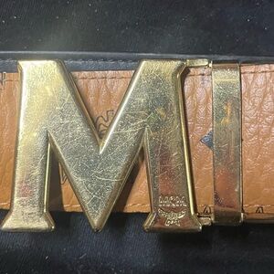 MCM Tan Leather Belt with Gold M Buckle
